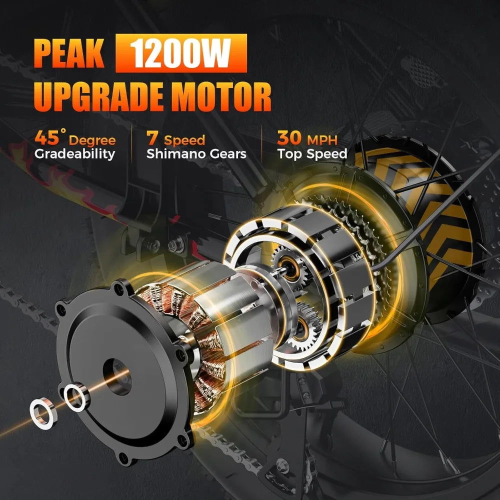 1200W Peak Electric Bike - 30MPH, Fat Tires, IPX6 Waterproof