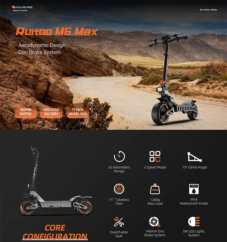 M6Max Dual Motor Scooter - 5600W, 60V, Fast Charging